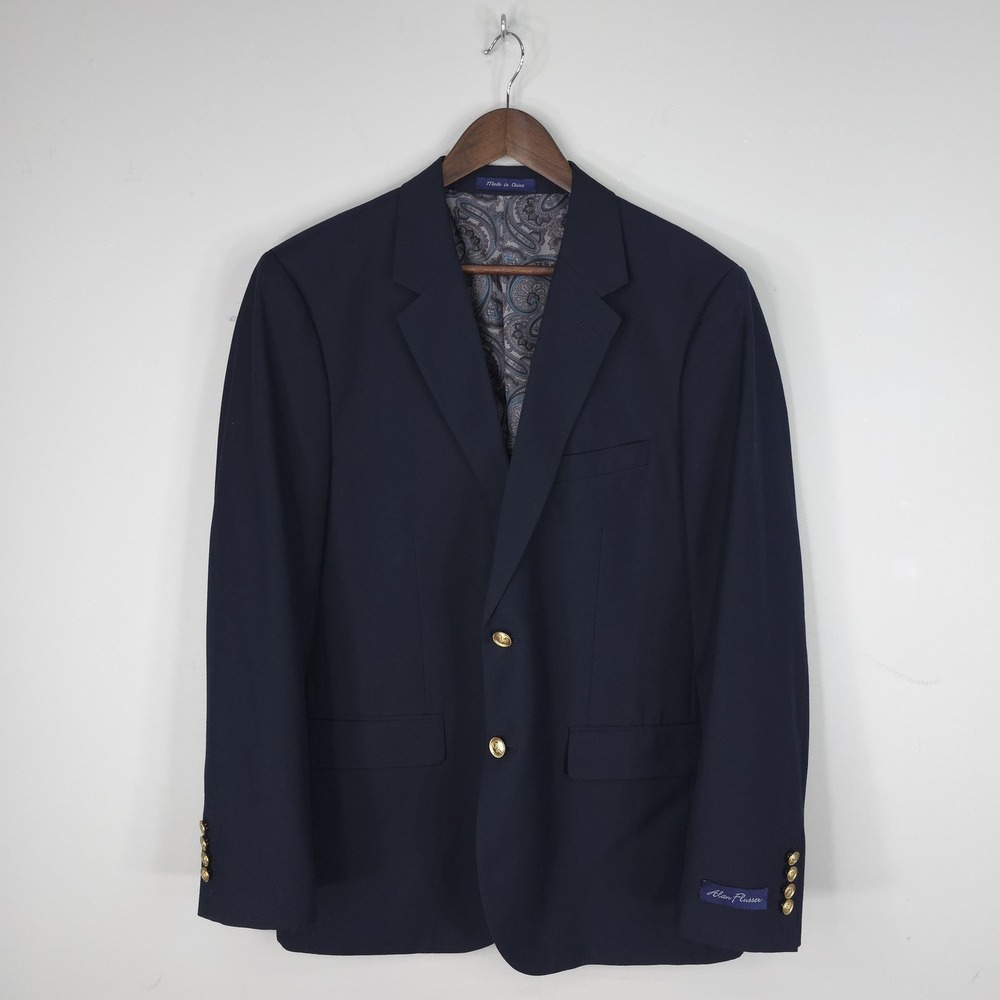 Alan Flusser Mens 40R Blue Polyester Rayon Gold Button Sport Coat Blazer RES-965